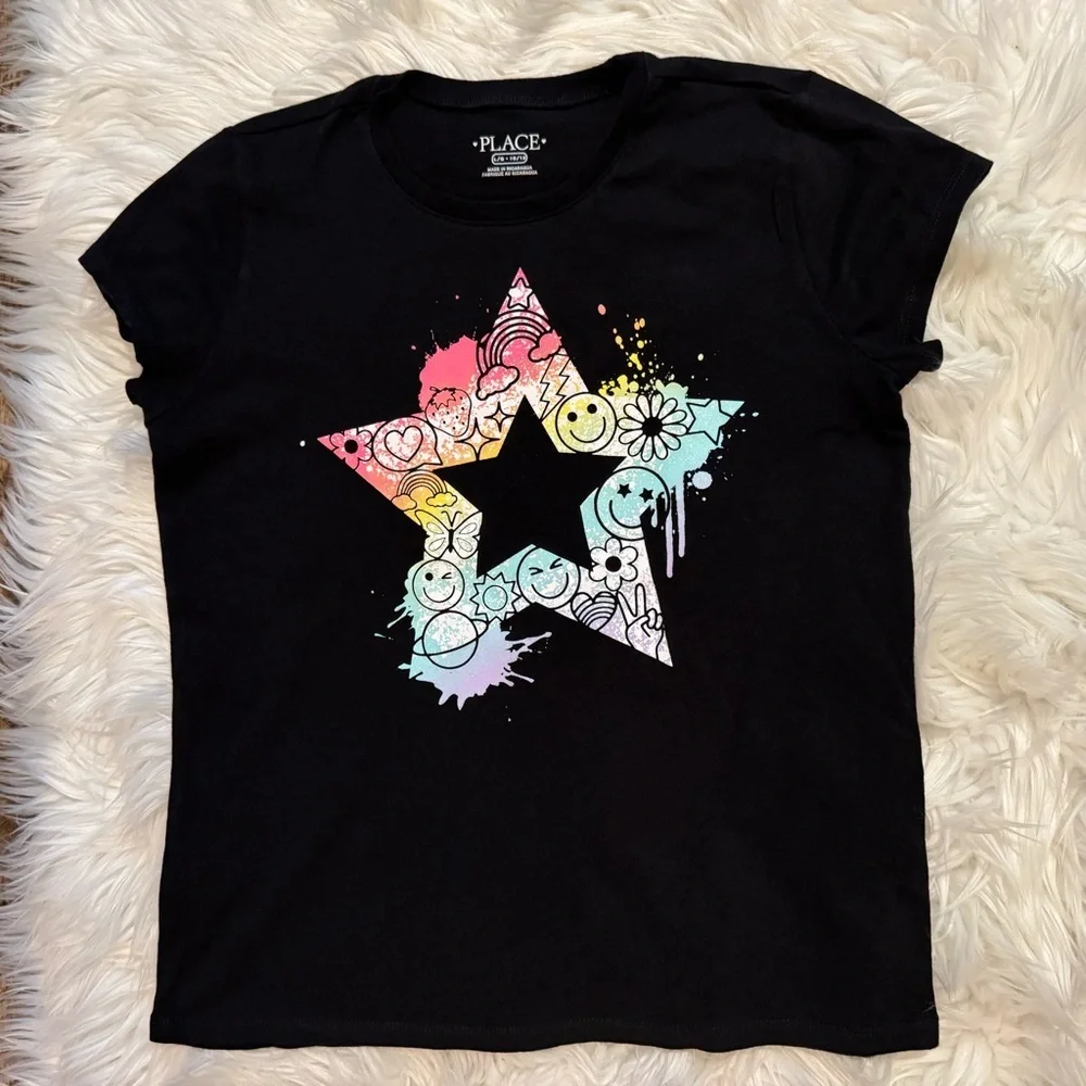 The Children’s Place Girls‎ Rainbow Star Graphic Tee Black Size 10/12